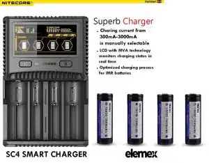 Nitecore SC4 Superb Battery Charger + 4x Elemex Protected 18650 3600mAh - Elemex