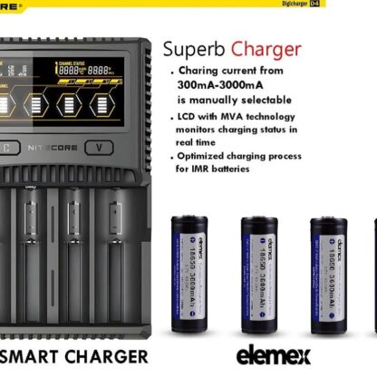 Nitecore SC4 Superb Battery Charger + 4x Elemex Protected 18650 3600mAh - Elemex