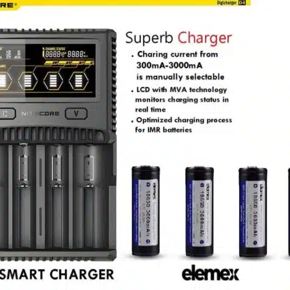 Nitecore SC4 Superb Battery Charger + 4x Elemex Protected 18650 3600mAh - Elemex