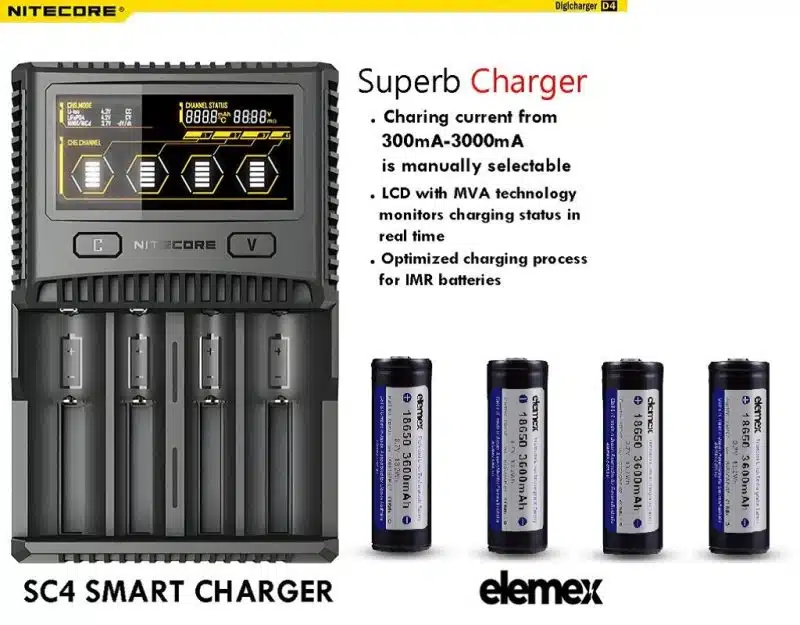 Nitecore SC4 Superb Battery Charger + 4x Elemex Protected 18650 3600mAh - Elemex