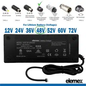 eBike Chargers 48V 2A - 3-Hole Connector 8mm Diameter - Elemex