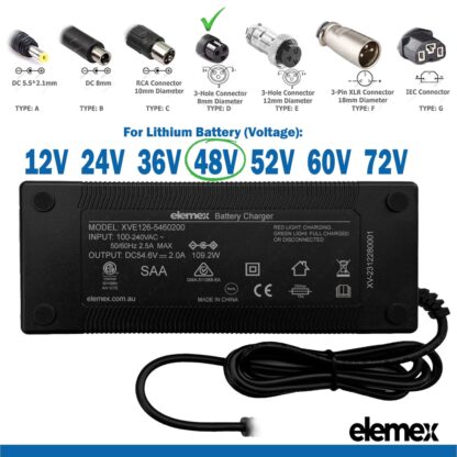 eBike Chargers 48V 2A - 3-Hole Connector 8mm Diameter - Elemex