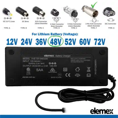 eBike Chargers 48V 2A - 3Pin - XLR Connector 18mm - Elemex