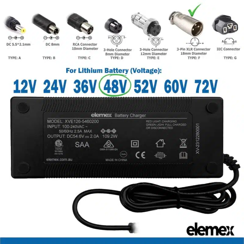 eBike Chargers 48V 2A - 3Pin - XLR Connector 18mm - Elemex