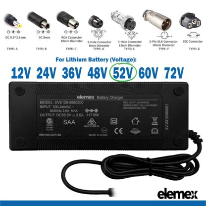 52V Battery Charger 2Ah - With Connector & Voltage - Elemex