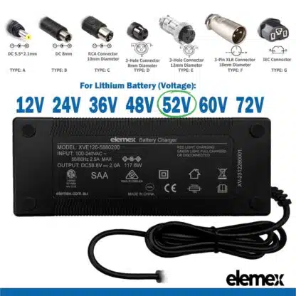 52V Battery Charger 2Ah - With Connector & Voltage - Elemex