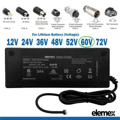 eBike Charger 60V 2A - With Connector & Voltage - Elemex