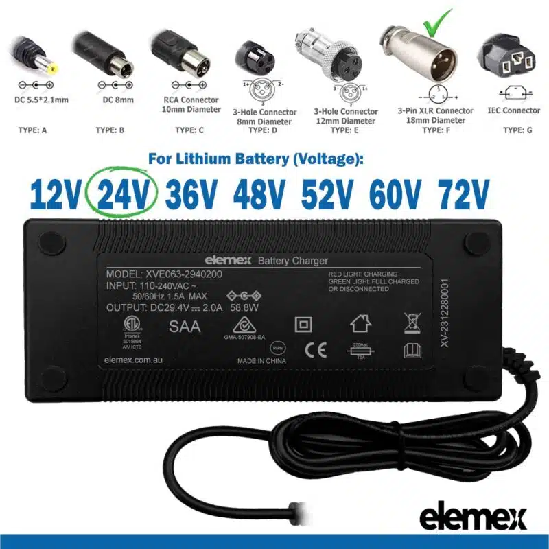 eBike Chargers 24V 2A - 3-Hole Connector 18mm Diameter - Elemex