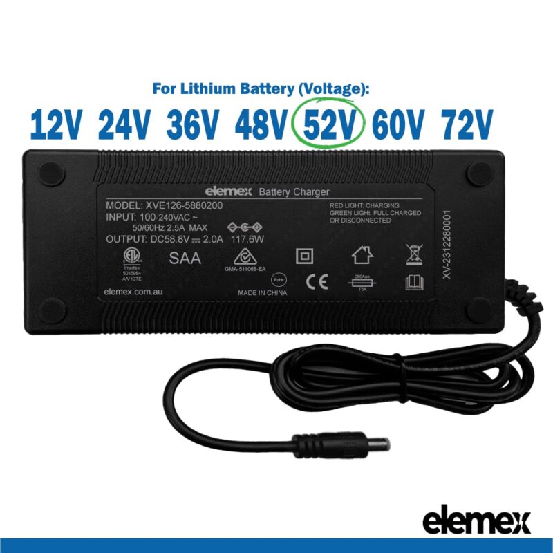 eBike Chargers 52V 2A - DC5.5-2.1mm Connector - Elemex eBike Chargers 52V 2A - DC5.5-2.1mm Connector - Elemex