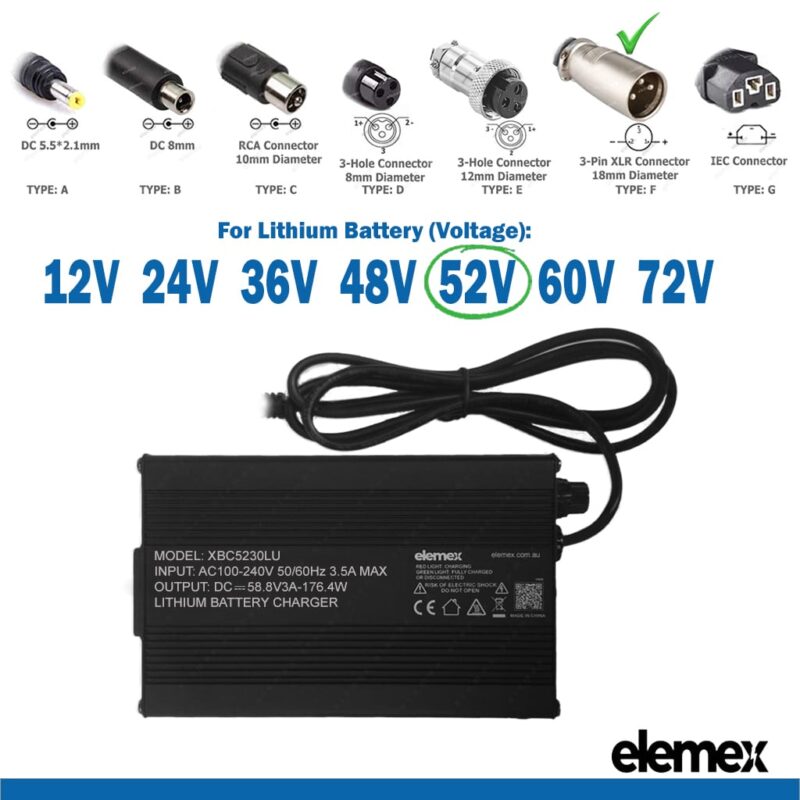 eBike Chargers 52V 3A - 3Pin XLR Connector 18mm Diameter - Elemex