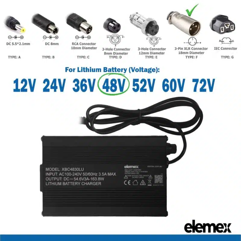eBike Chargers 48V 3A - 3Pin XLR Connector 18mm Diameter - Elemex
