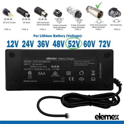 eBike Chargers 52V 2A - 3Pin - XLR Connector 18mm Diameter - Elemex