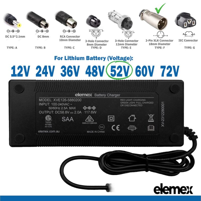 eBike Chargers 52V 2A - 3Pin - XLR Connector 18mm Diameter - Elemex