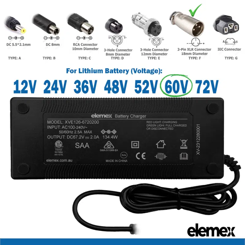 eBike Chargers 60V - XLR Male 18mm - Elemex