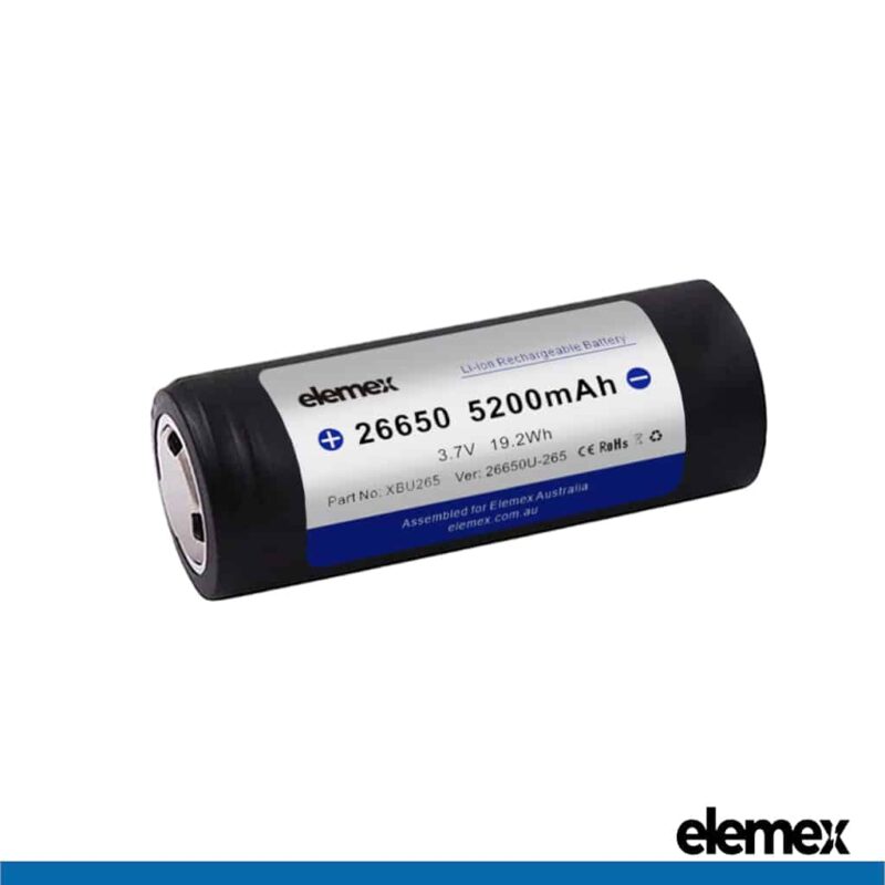 26650 Lithium Battery 5200mAh Flat Top Front - Elemex