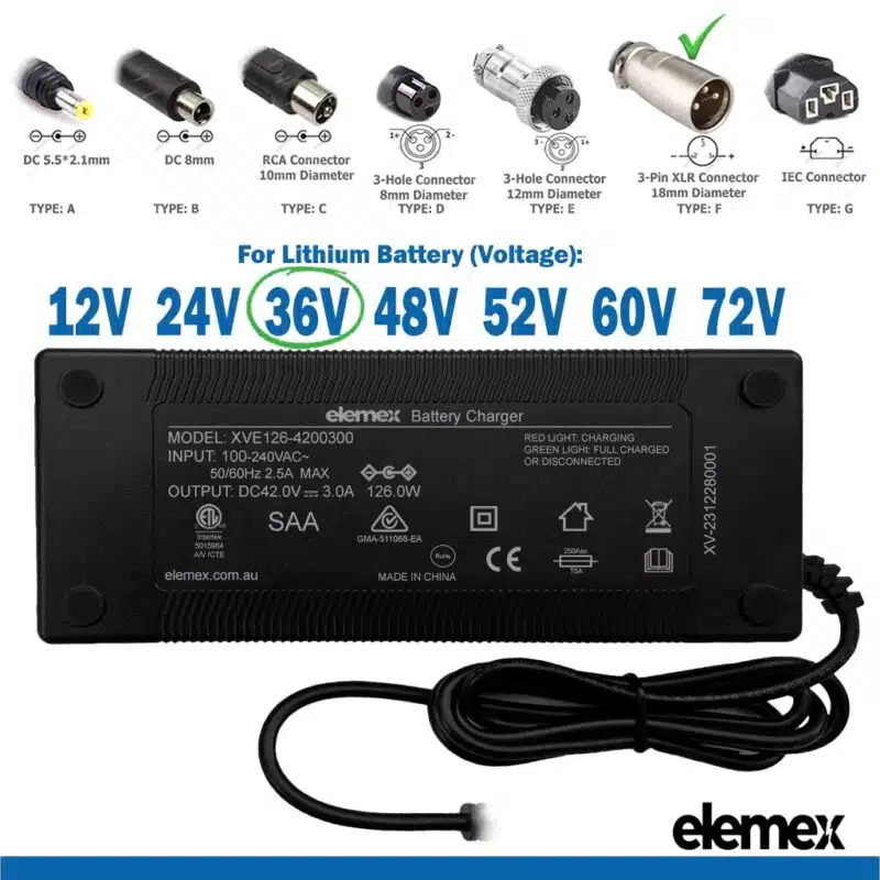 eBike Chargers 36V 3A - 3Pin XLR Connectore 18mm - Elemex