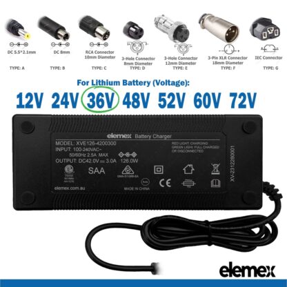 eBike Chargers 36V 3A - With Connector & Voltage - Elemex