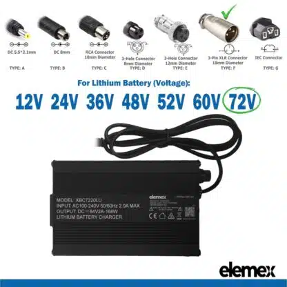 eBike Chargers 72V 2A - 3Pin XLR Connector 18mm Diameter - Elemex