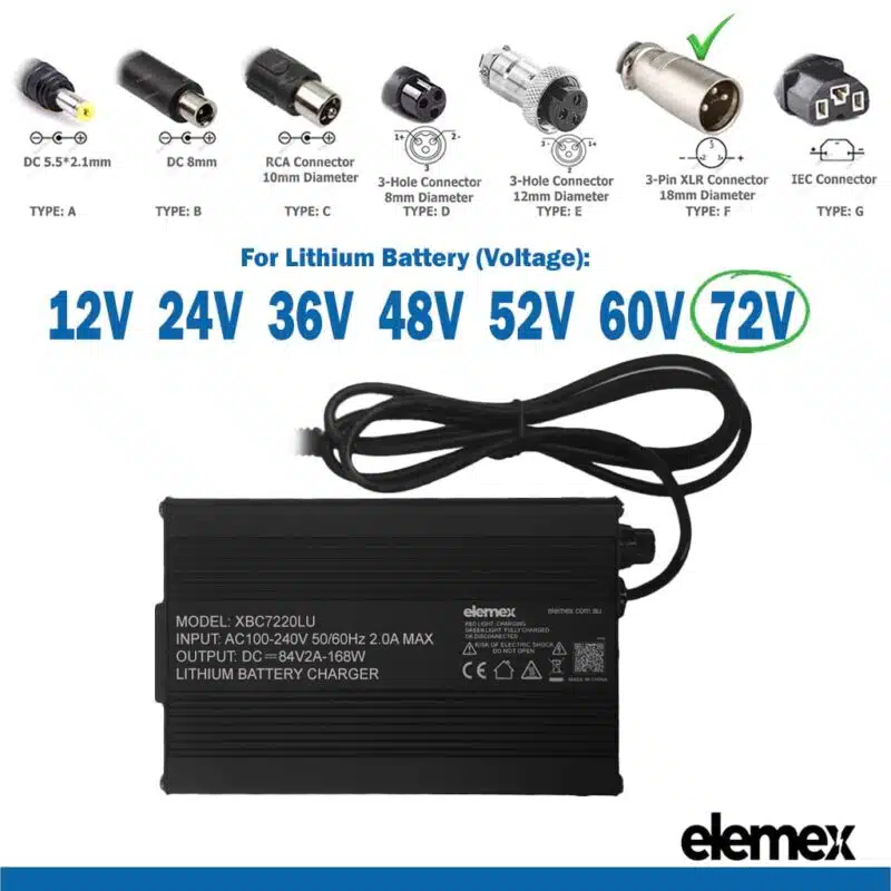 eBike Chargers 72V 2A - 3Pin XLR Connector 18mm Diameter - Elemex
