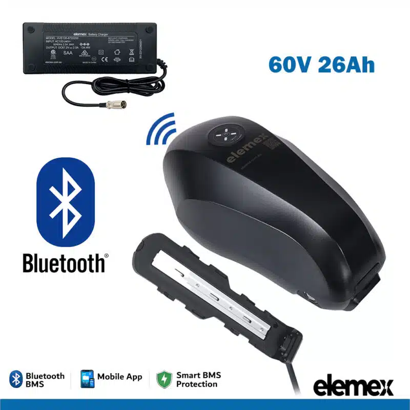 Fuel Tank eBike 60V Battery 26Ah Lithium Pack with 60A Bluetooth BMS + Charger - Elemex Fuel Tank eBike 60V Battery 26Ah Lithium Pack with 60A Bluetooth BMS + Charger - Elemex