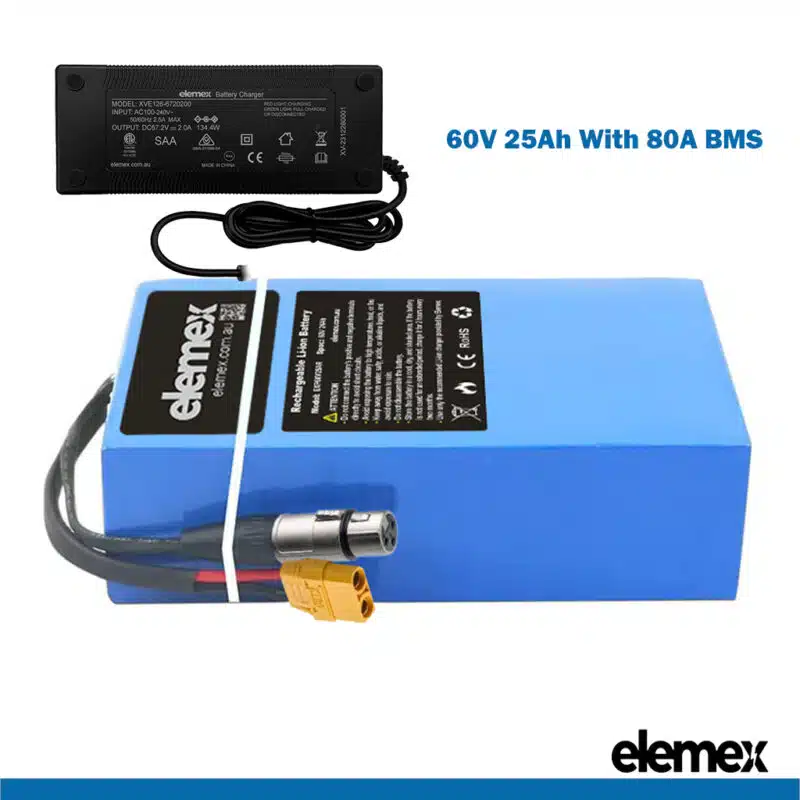 60V eBike Battery 25Ah Rectangle Li-ion eBike Pack with 80A BMS + Premium Charger - Elemex