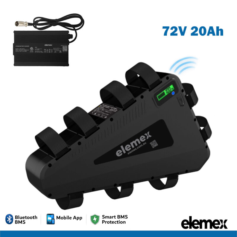 Triangle 72V Lithium eBike Battery 20Ah with 60A Bluetooth BMS + 4Ah Fast Charger Triangle 72V Lithium eBike Battery 20Ah with 60A Bluetooth BMS + 4Ah Fast Charger