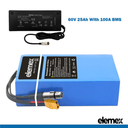 Rectangle 60V Lithium Battery for eBike 25Ah with 100A BMS + Premium Charger - Elemex