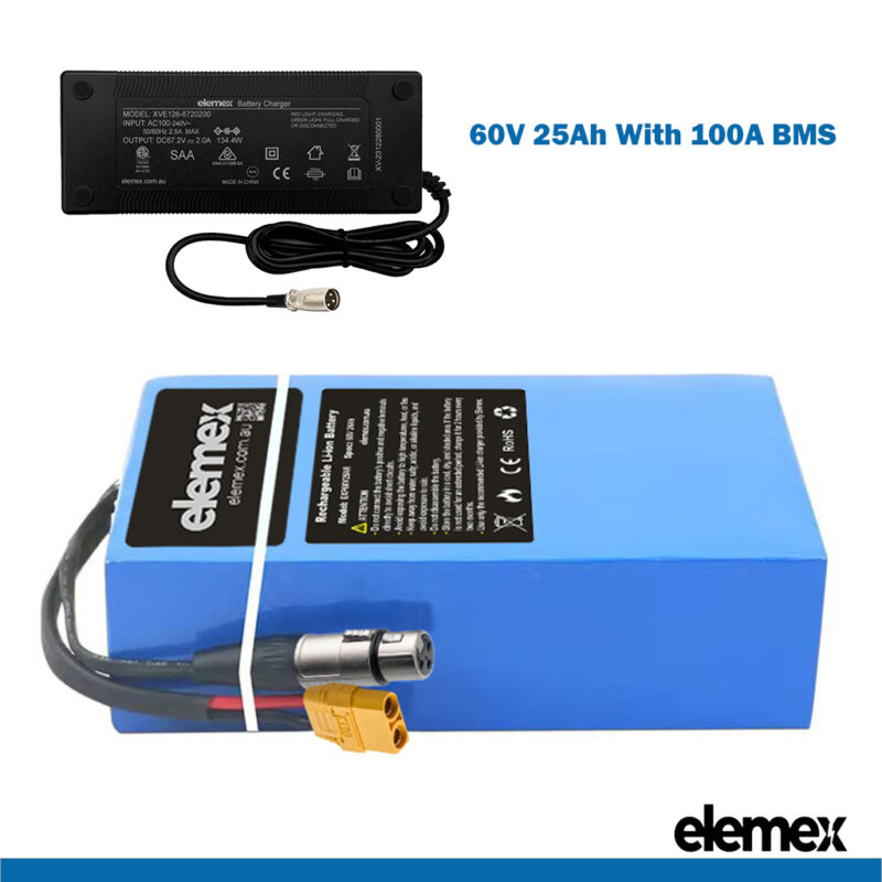 Rectangle 60V Lithium Battery for eBike 25Ah with 100A BMS + Premium Charger - Elemex Rectangle 60V Lithium Battery for eBike 25Ah with 100A BMS + Premium Charger - Elemex