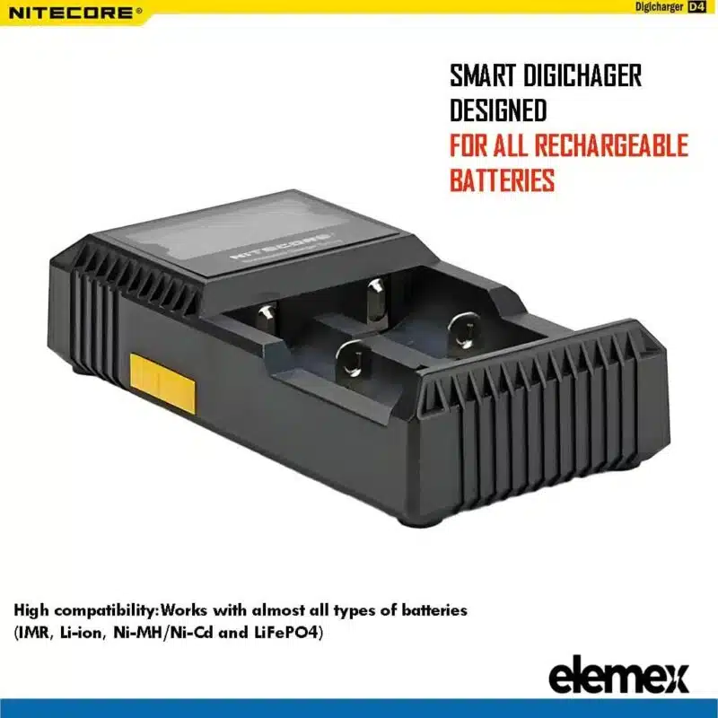 Nitecore D2 Professional Battery Charger Li-ion NiMH AA AAA 18650 26650 + Car Adapter - Elemex Nitecore D2 Professional Battery Charger Li-ion NiMH AA AAA 18650 26650 + Car Adapter - Elemex