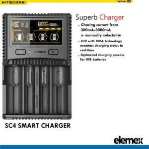 Nitecore SC4 Superb Battery Charger + Panasonic X4 NCR18650B Button Top Battery Elemex