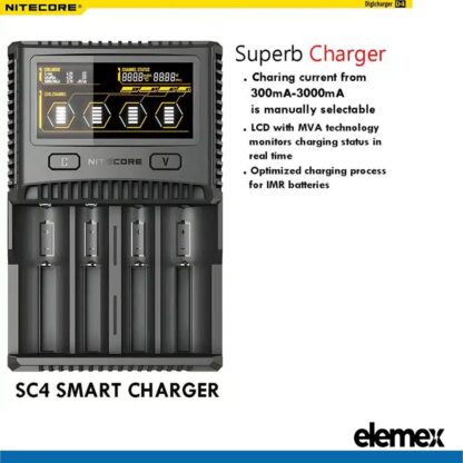 Nitecore SC4 Superb Battery Charger + Panasonic X4 NCR18650B Button Top Battery Elemex