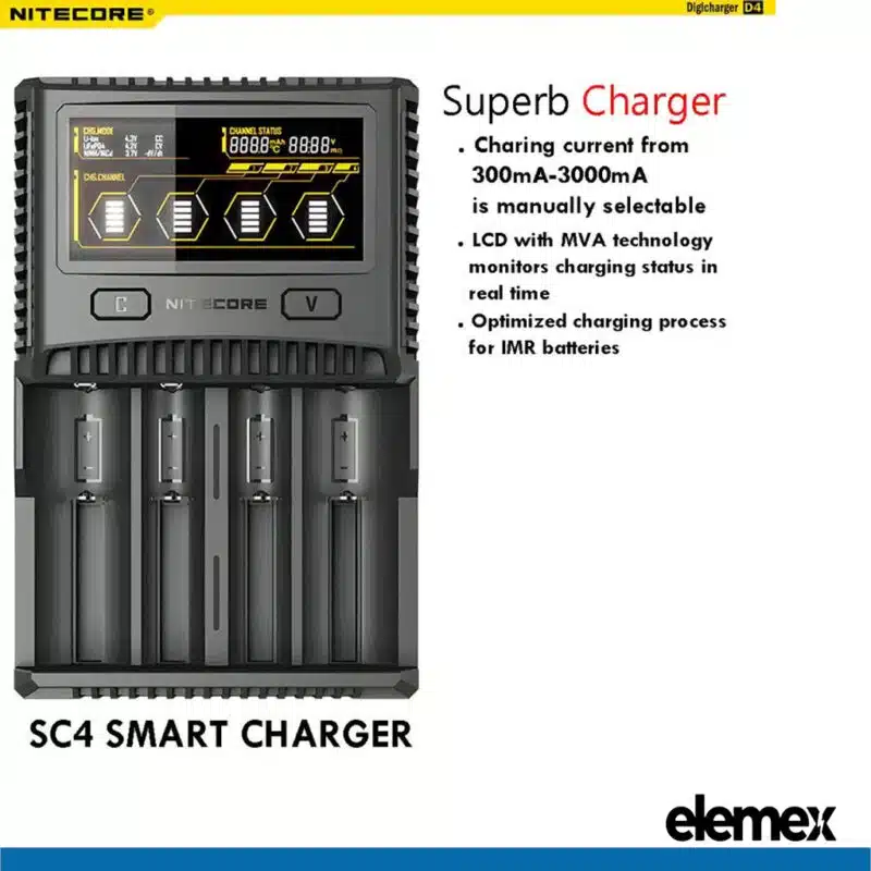 Nitecore SC4 Superb Battery Charger + Panasonic X4 NCR18650B Button Top Battery Elemex
