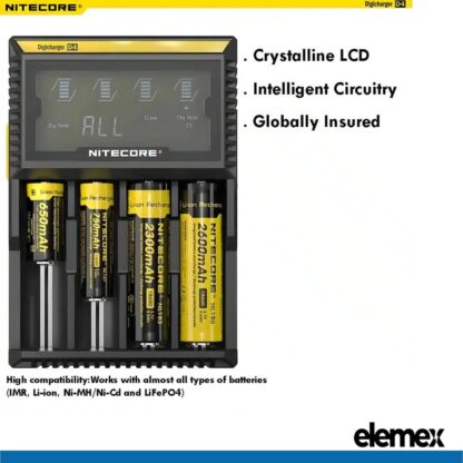Nitecore D4 Professional Battery Charger Li-ion NiMH AA AAA 18650 26650 + Car Adapter Elemex