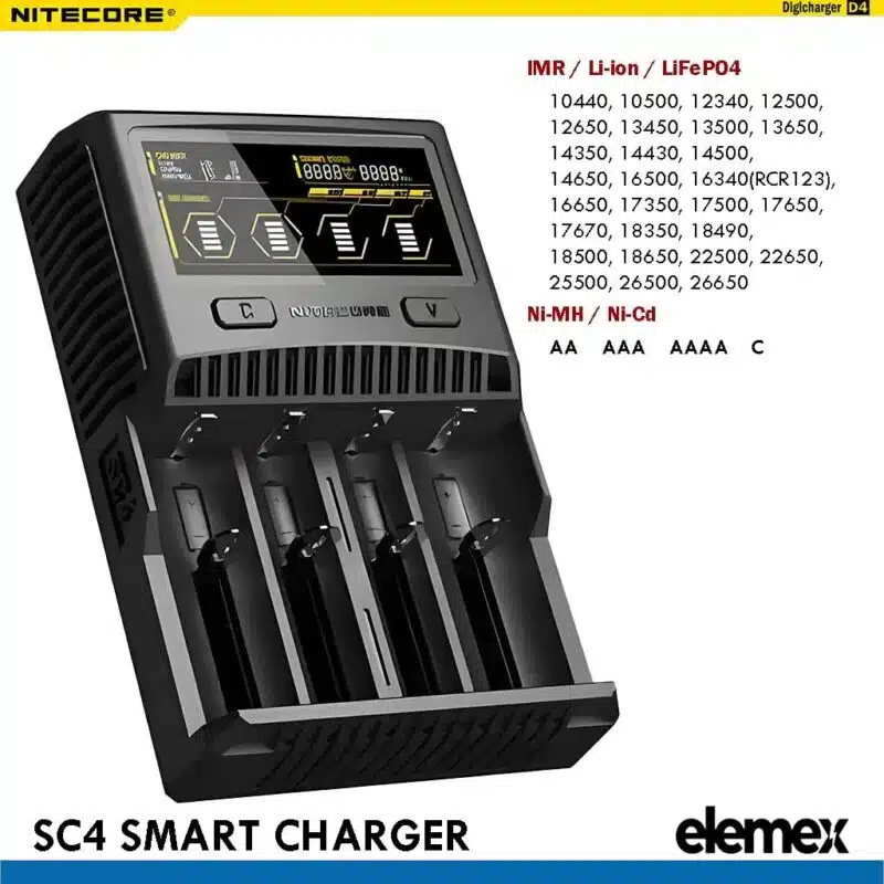 Nitecore SC4 Superb Battery Charger + Panasonic X4 NCR18650B Button Top Battery Elemex Nitecore SC4 Superb Battery Charger + Panasonic X4 NCR18650B Button Top Battery Elemex