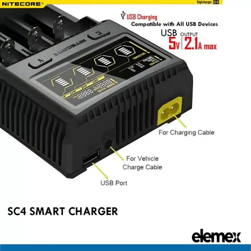 Nitecore SC4 Superb Battery Charger + Panasonic X4 NCR18650B Button Top Battery Elemex Nitecore SC4 Superb Battery Charger + Panasonic X4 NCR18650B Button Top Battery Elemex