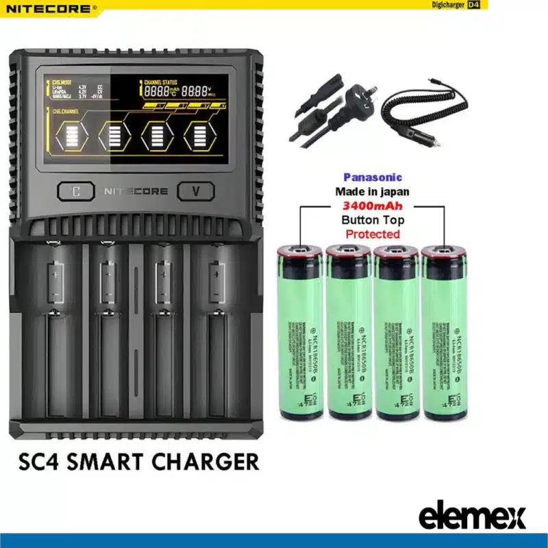 Nitecore SC4 Superb Battery Charger + Panasonic X4 NCR18650B Button Top Battery Elemex