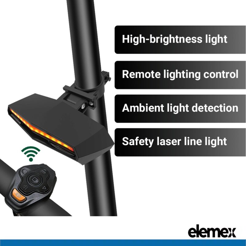 Bike Tail Light eBike Waterproof LED USB Rechargeable, Wireless Turn Signals and Brake Alert - Elemex