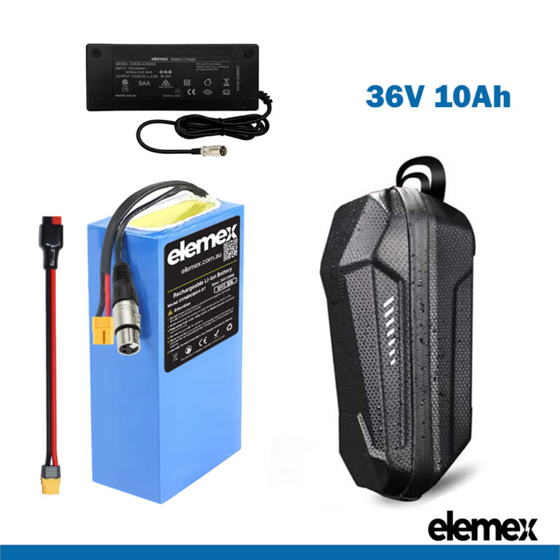 36V Lithium Battery 10Ah for Scooter eBike Golf Buggy and Mobility + Waterproof Case + Premium Charger - Elemex 36V Lithium Battery 10Ah for Scooter eBike Golf Buggy and Mobility + Waterproof Case + Premium Charger - Elemex