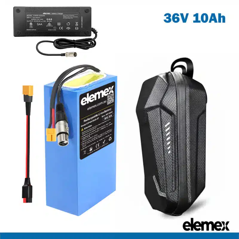 36V Lithium Battery 10Ah for Scooter eBike Golf Buggy and Mobility + Waterproof Case + Premium Charger - Elemex 36V Lithium Battery 10Ah for Scooter eBike Golf Buggy and Mobility + Waterproof Case + Premium Charger - Elemex