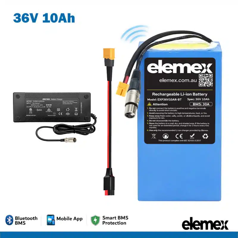 36V 10Ah Rectangle eBike Wheelchair Battery + Charger - Elemex
